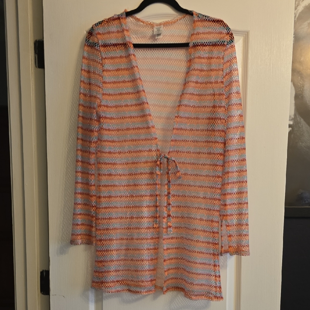 Amazon Women's Orange and White Striped Swim Coverup